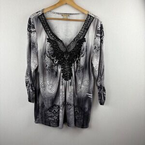 Emerge World Wear Black Lace Embellished Gray Tie Dye Print Tunic‎ Top Size 1X